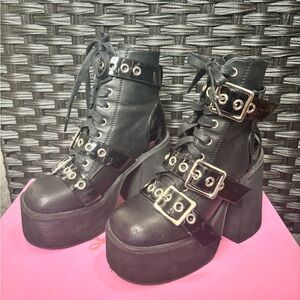 Dolls Kill Black Platform Buckle Lace-Up Heeled Ankle Boots